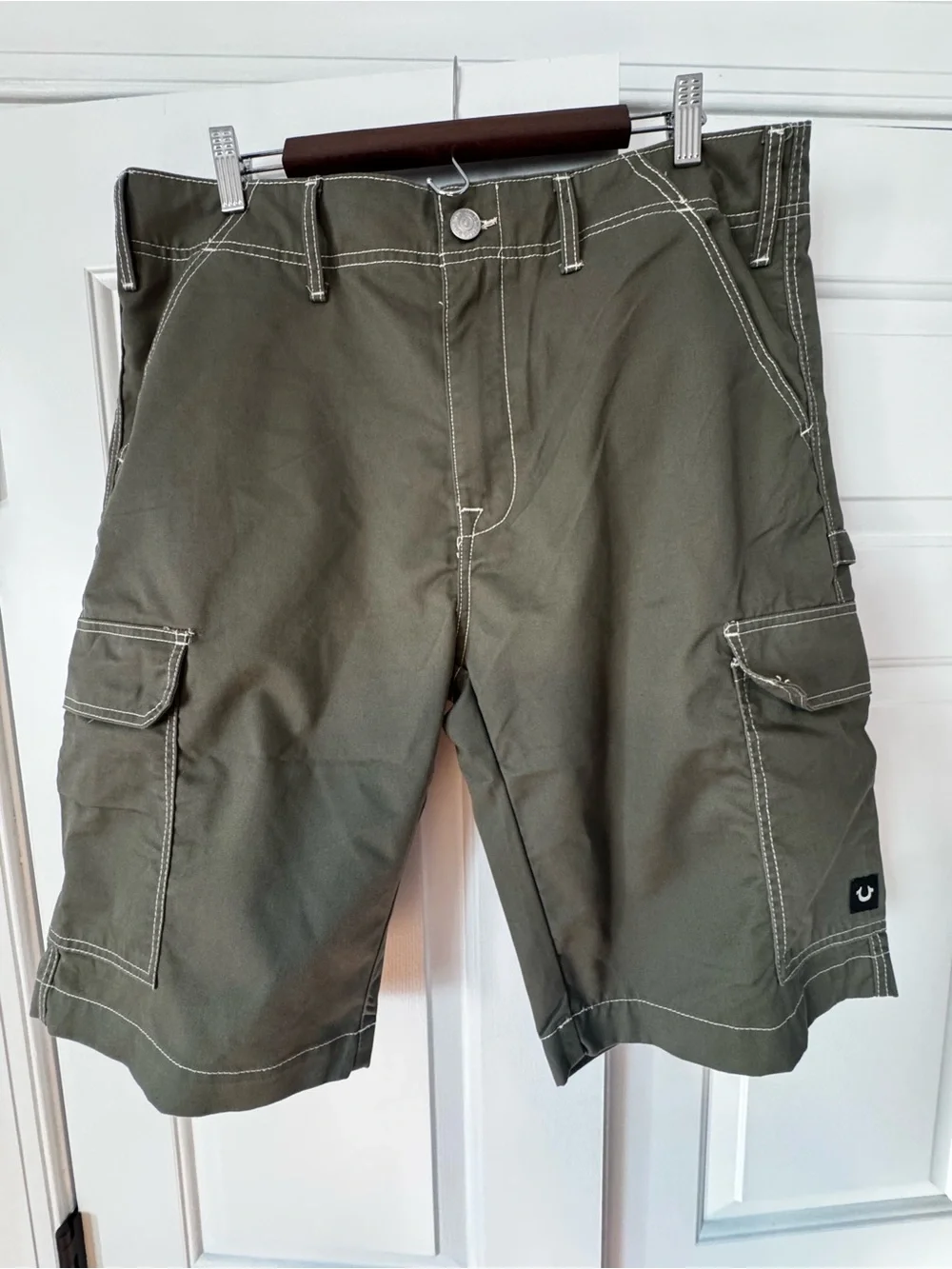 True Religion Men's Olive Cargo Shorts with White Contrast Stitching